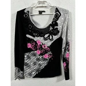 Radzoli Sweater Womens Medium Black White Pink Floral Beaded Embellished Art